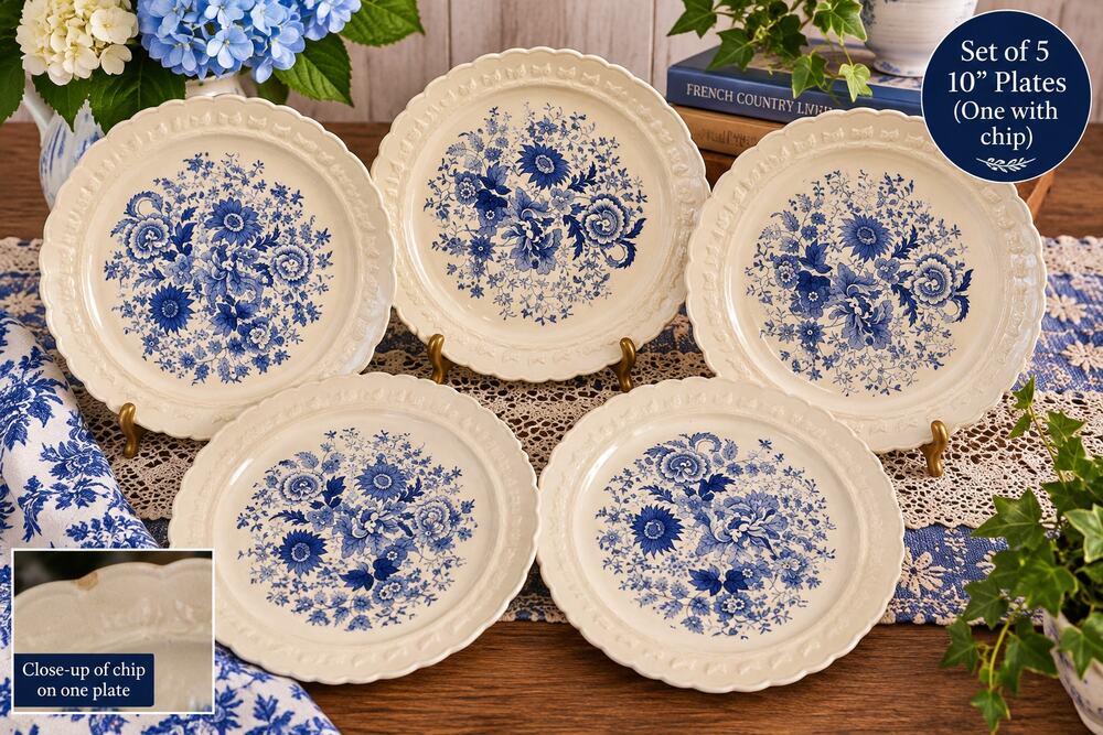 Taylor Smith Taylor Blue Floral 10" Dinner Plates Set of 5 Vintage USA Scalloped